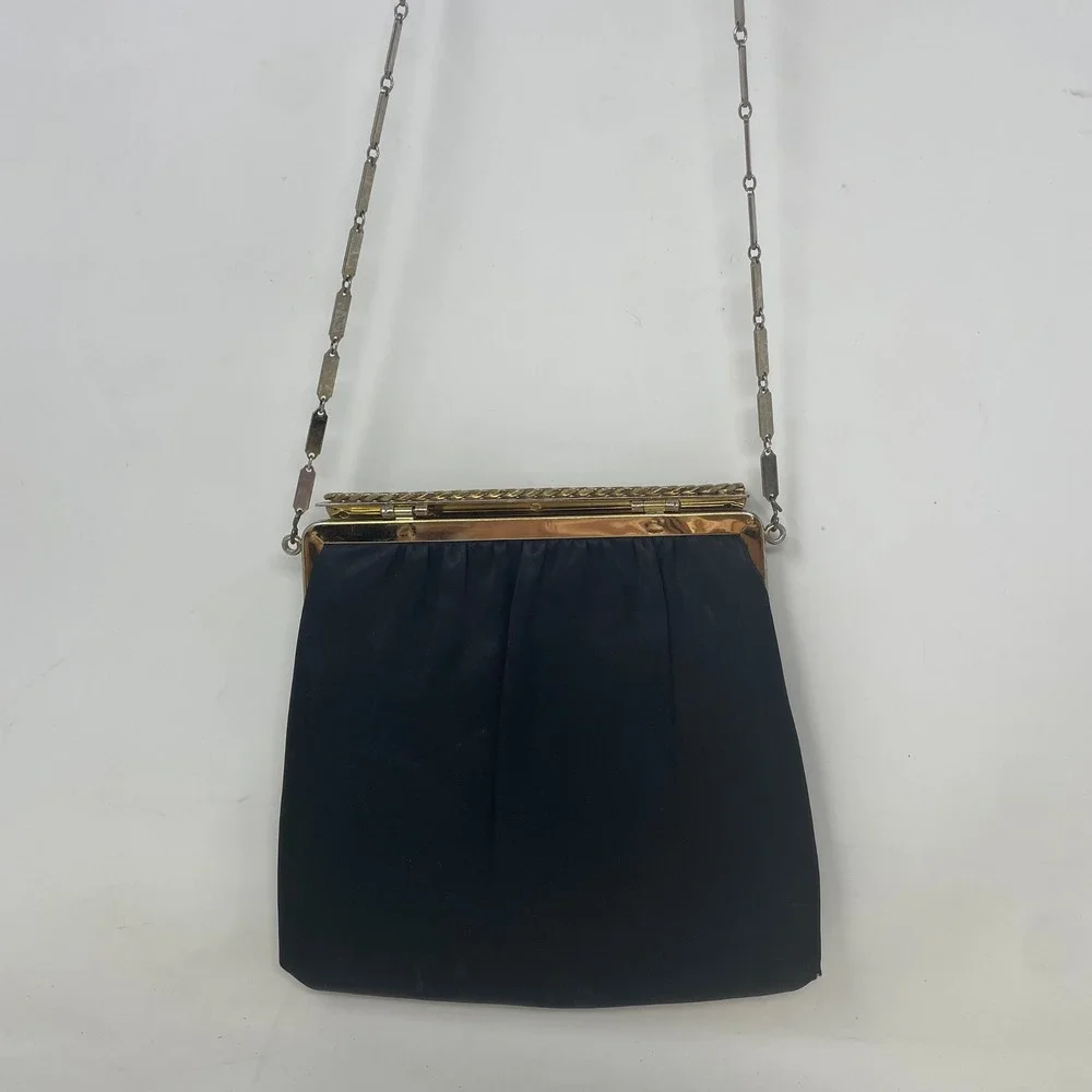 Vintage HL USA Black Satin Evening Bag Gold Frame Chain Shoulder Clutch Bag